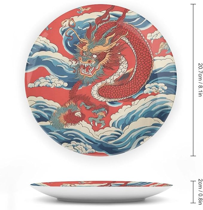 Vintage Plates Red Dragon Chinoiserie Asian Inspired Personalized Decor for Display Home Art Decoration Club Hanging Decorative Tiles with Vertical Stand, Multi Sizes by Choosing, Gifts for Men Women