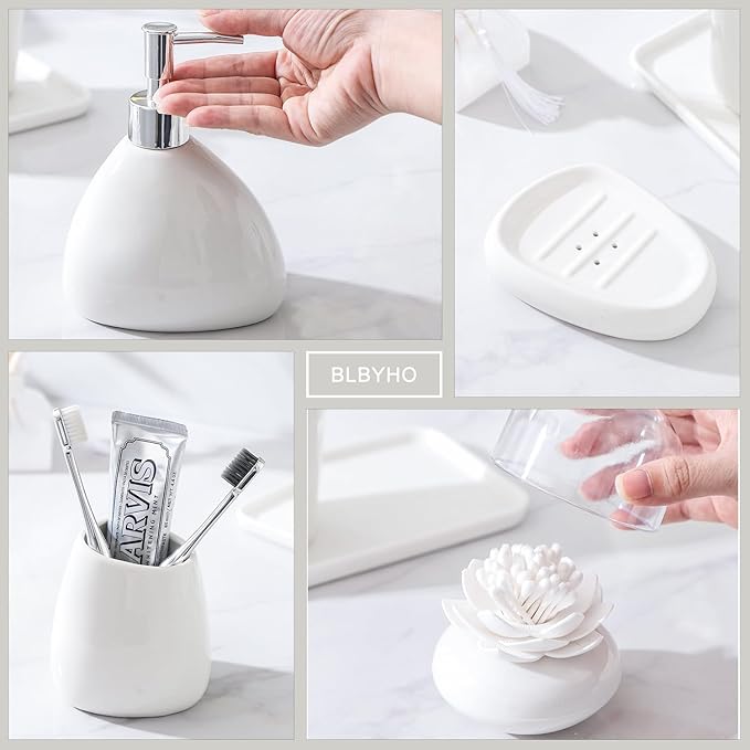 Ceramic Bathroom Accessory Set, 7 Pieces Countertop Accessories, Include Soap Dispenser, Toothbrush Holder, 2 Tumbler Cup, Soap Dish, Plastic Vanity Tray, Qtip Holder (White)