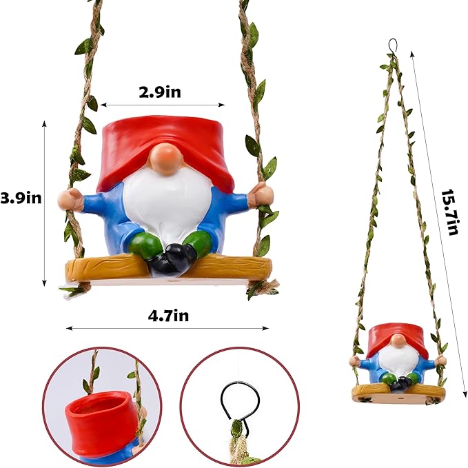 Swing Garden Gnome Hanging Planters for Indoor Plants, Cute Small Succulent Pots with Drainage Hole, Resin Plant Hangers Outdoor, Hanging Plant Holder for String Of Pearls, Gift Ideas for Mother