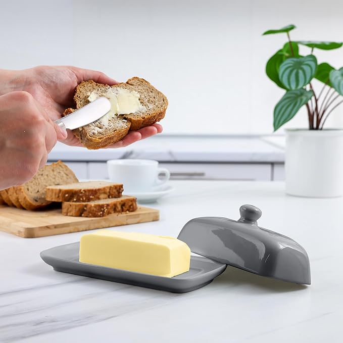 Zulay Butter Dish With Lid For Countertop - Porcelain Gray, Ceramic Butter Dish with Knob Handle Great for Cooking - Elegant Design Butter Holder - Durable & Sturdy Butter Keeper - Gray