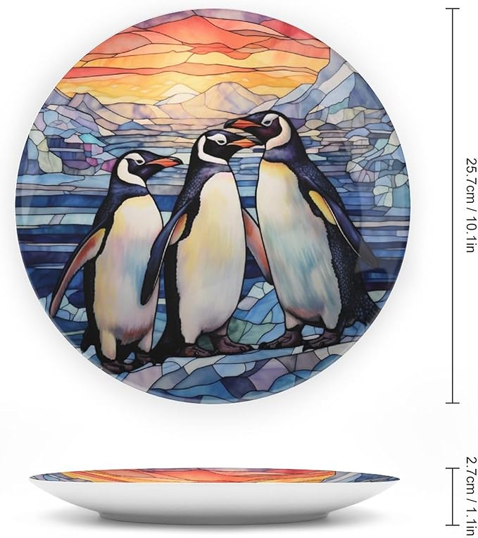 Decorative Plates for Wall Hanging, Penguins Family Snow Winter Stained Glass Painting Ceramic Plate w/ Display Stand, Home Decor for Kitchen Cabinets, Round Tray 10 Inch, Gift for Penguin Lovers