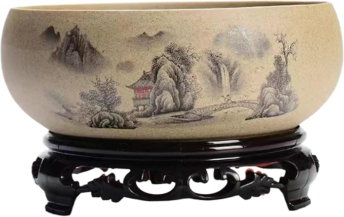 Shallow Planter|Ceramic Planter Round Decorative Chinese Style Bowl Planter with Base Gardening Desktop Ink Painting Outdoor/Indoor Large Planter Pots for Patio Balcony Home