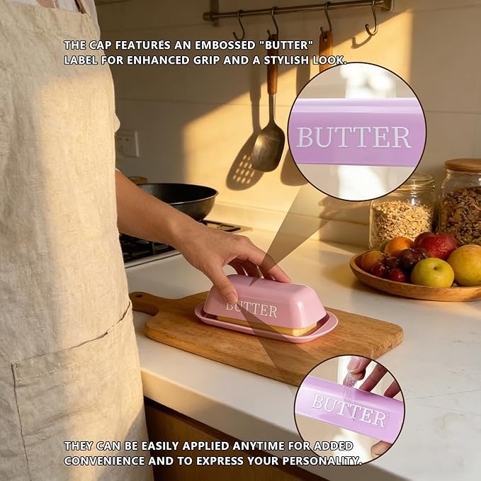 BPA-Free Melamine Butter Dish with Lid & Stainless Steel Knife-Farmhouse Butter Keeper for Countertop & Refrigerator, Dishwasher Safe, Holds 1 Stick with East & West Coast Butter-Pink Heart