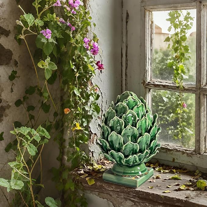 Green Ceramic Artichoke Statue - Unique Artisanal Decorative Sculpture, Decor for Living Room, Office, Bookshelf