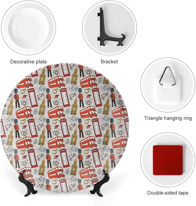 XISUNYA 7 Inch Decorative Plate, London Ceramic Stoneware, Doodle English Icons Crown London Print Ceramic Wall Hanging for Fine Dining Upscale Events, Dinner Parties, Weddings, Catering, Multicolor