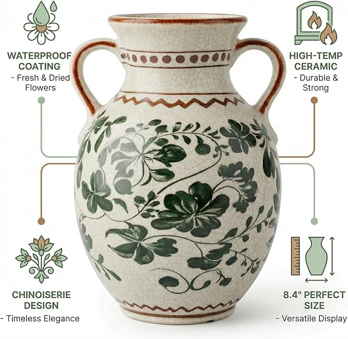 EFISPSS Ceramic Vintage Vase Decorative Spring Decor Chinese Crackle Floral Handle for Dining Room Living Room Green 8.4 in