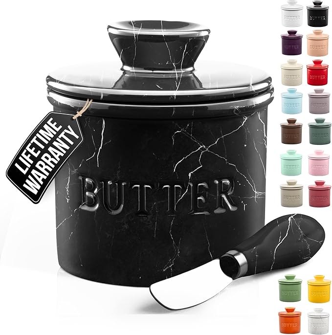 Zulay Kitchen Bell Shaped Butter Crock with Lid for Countertop with Water Line & Spreader Knife, Ceramic French Butter Dish Keeper For Fresh, Soft & Spreadable Butter - Black Marble