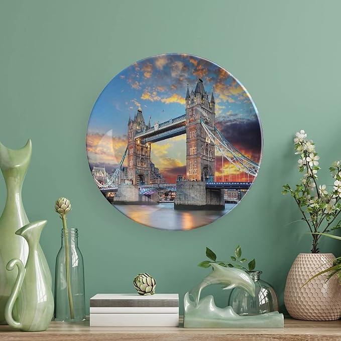 XISUNYA 8 Inch Decorative Plate, London Ceramic Plate, Vista of Tower Bridge at Dramatic Sunset Thames River Print Ornament Display Plate Handmade Plate Wedding Gifts, Light Blue Yellow Tan