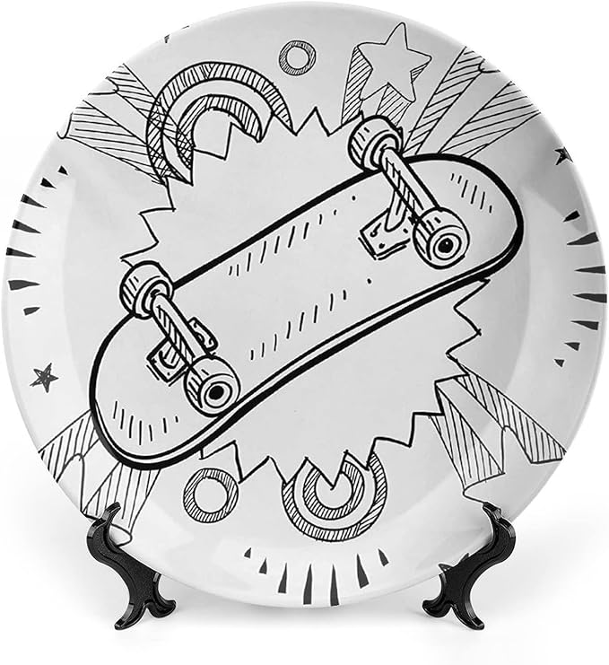 XISUNYA 7 Inch Decorative Plate, Doodle Ceramic Stoneware, Sketch of Skateboard with 60s Style Pop Art Print Ceramic Wall Hanging for Home & Office Wall Hanging Decor