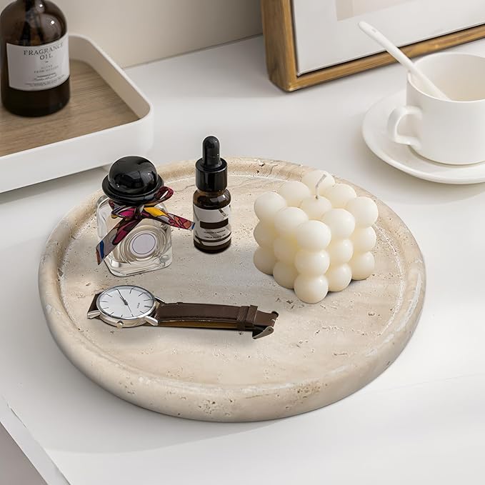 Travertine Tray, Small Ceramic Vanity Tray for Bathroom Counter Decor, Round Marble Decorative Trays for Coffee Table (Beige, Large Size)
