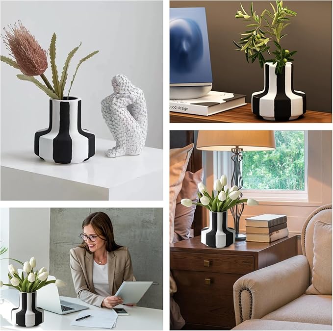 Modern Nordic Black and White Striped Ceramic Vase – Rough-Textured Minimalist Tabletop Decor for Living Room, Bedroom, Office – Unique Centerpiece for Wedding or Housewarming Gift