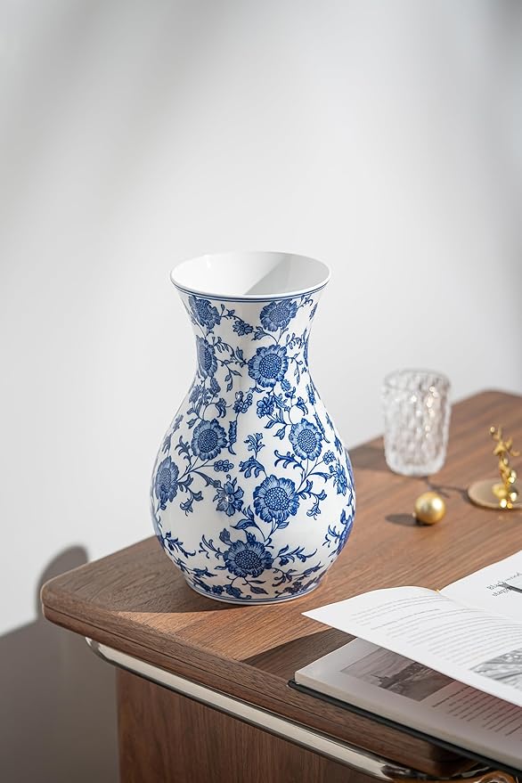 Blue and White Vase, Blue Sunflower Pattern Vase, Chinoiserie Vase, Blue and White Ginger Jar Vase for Home Decor,Flower Vase, Blue and White Porcelain Décor,11" H