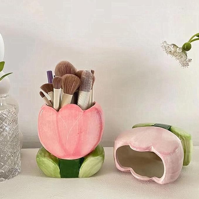 1 PC Ceramic Tulip Make up Brush Holder Flower Toothbrush Holder Cosmetic Storage Box Pen and Pencil Holder Desktop Organizers (Pink)