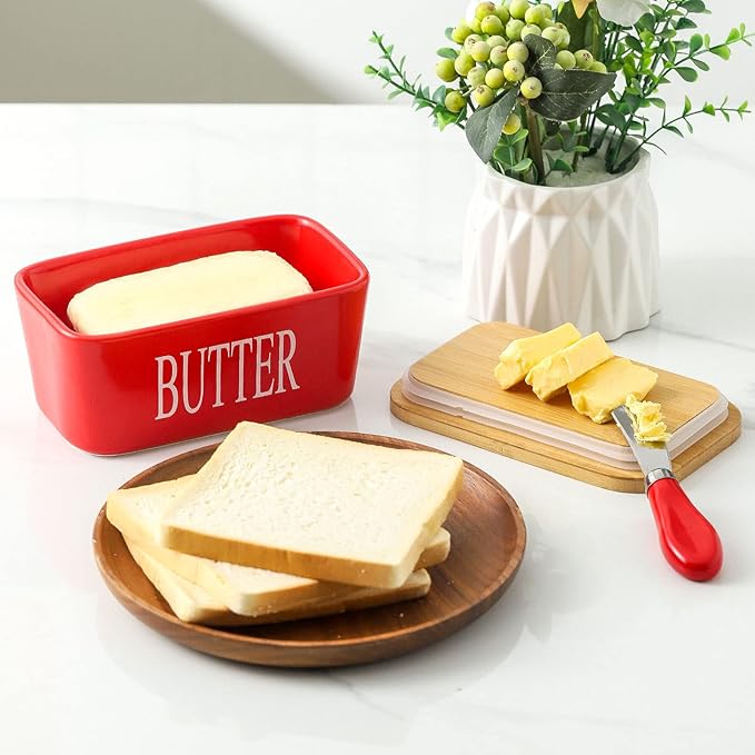 Hasense Butter Dish with Lid and Knife For Countertop, Large Butter Keeper Container with Stainless Steel Knife Spreader for Counter, Airtight Butter Holder with Cover for Kitchen, Christmas gift, Red