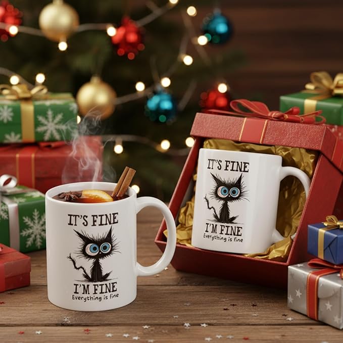 Sliner 2 Set It's Fine I'm Fine Mugs Black Cat Funny Gifts Coffee Cup 11 oz Ceramic Cute Tea Cup Holiday Birthday Gifts for Men Women Cat Lovers Colleague Coworker