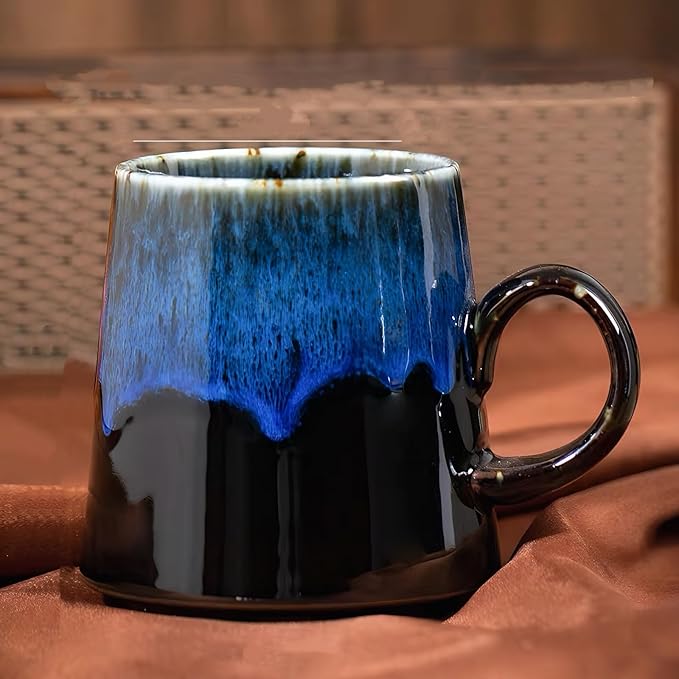 15oz Japanese style Handmade Ceramic Coffee Mug - Unique Pottery tea cup, Lead-free Artisanal stoneware ceramic tea mug, Dishwasher & Microwave Safe Coffee cup for office and home, Blue and Black