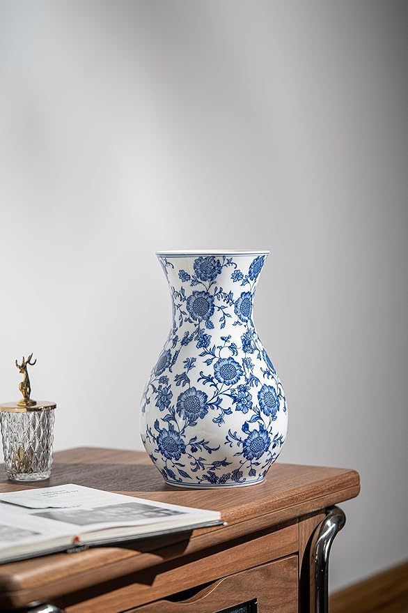 Blue and White Vase, Blue Sunflower Pattern Vase, Chinoiserie Vase, Blue and White Ginger Jar Vase for Home Decor,Flower Vase, Blue and White Porcelain Décor,11" H