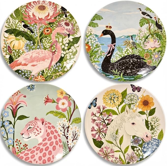 4 Piece Ceramic Plates Set, 8.5Inch Dessert & Salad,Appetizer Plates，Illustrated style Prints, Suitable for Serving Pasta, Pizza. Dishwasher, MicrowaveSafe.gift for birthdays and holidays(8.5inch)