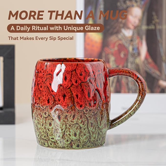 Unique 22OZ Ceramic Coffee Mug with Ergonomic Handle, Microwave & Dishwasher Safe – Red & Green Glazed Ceramic Mug – Gift for Coffee & Tea Lovers, Ideal for Office & Home Use