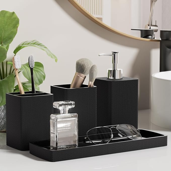 Black Bathroom Set,Black Bathroom Accessories Set with Shower Curtain and Rugs, Bath Towel Set, Natural Loofah Sponge, Soap Dispenser, Toothbrush Holder, Bathroom Tumbler and Tray for Bathroom