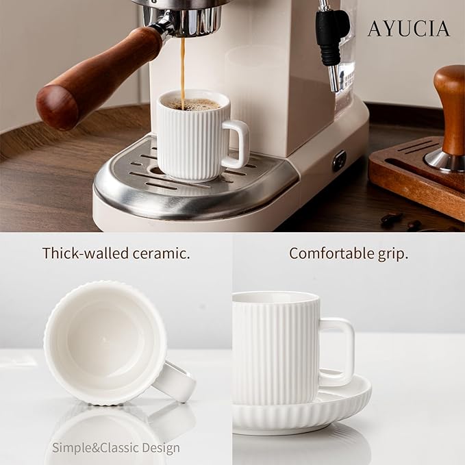 2.5OZ Espresso Cups Set of 4, White Cream Ceramic Demitasse Espresso Mugs with Saucers, Small Coffee Cups for Single/Double Espresso Shots