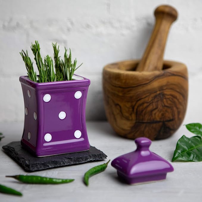 City to Cottage Handmade Small 5.3oz/150ml Ceramic Kitchen Herb, Spice, Storage Jar with Lid, Pottery Canister, Housewarming Gift (Purple Polka Dot)
