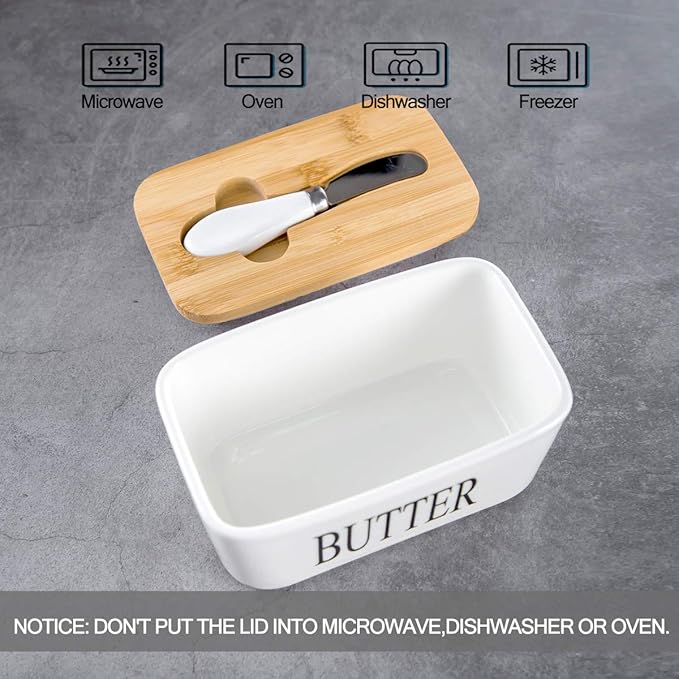 Hasense Porcelain Butter Dish with Bamboo Lid - Covered Butter Dish with Butter Knife for Countertop, Airtight Butter Container with Cover Perfect for East West Coast Butter, White