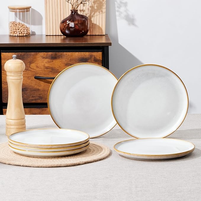 E-far 8” Ceramic Salad Plates Set of 6, Reactive Glaze Stoneware Dishes, Round Dessert Plate for Home Kitchen Restaurant, Microwave & Dishwasher Safe – Seashell White
