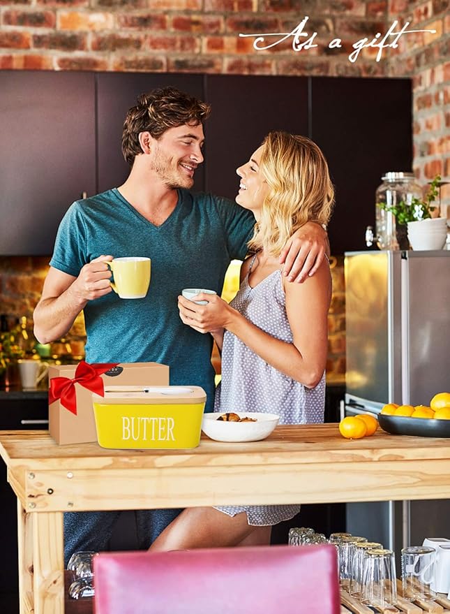Butter Dish with Lid, Home Decor, Large Butter Dish for Countertop Ceramic Butter Keeper Container with Knife and High Quality Silicone Sealing Butter Box Good Kitchen Gift Yellow