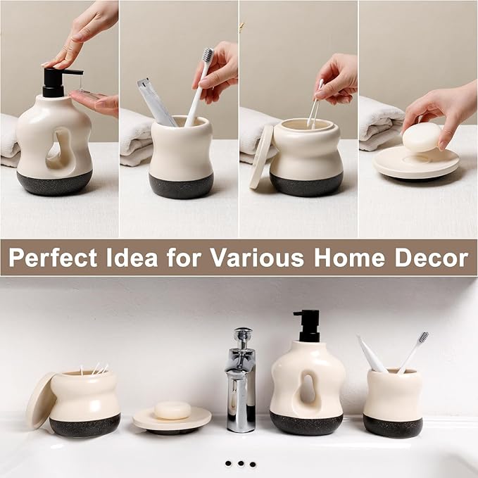 BosilunLife Bathroom Accessories Set of 4 - Beige Bathroom Countet Soap Set Bathroom Decor Bathroom Lotion Soap Dispenser Sets Toothbrush Holder and Soap Dispenser, Soap Dish, Apothecary Jar