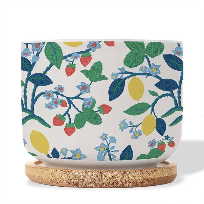 Summer Cherry Lemon Citrus Garden Small Ceramics Planter Set of 2 Leaf Fruit Strawberry Ceramics Plant Pot with Drainage Bamboo Trays Chinoiserie Style Succulents Pots