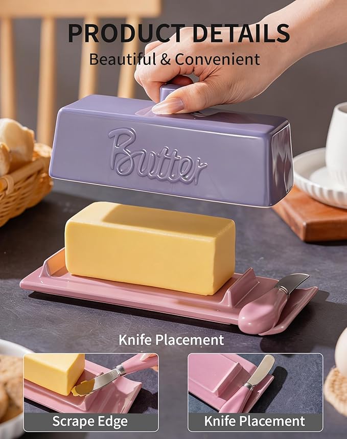 TEATALK Ceramic Butter Dish with Lid and Knife - Large Butter Holder, Farmhouse Style, 8-Inch Porcelain Butter Keeper with Scraper Edge, Purple & Pink