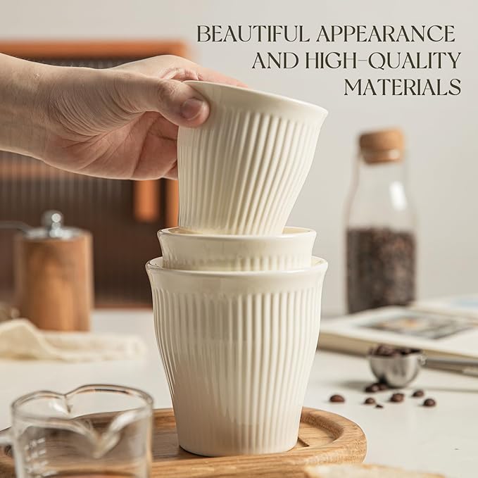 KEMORELA Espresso Cups Set of 3 – 5.5oz/7oz/10oz Ceramic Espresso Cups, Handleless Mug, Japanese Tea Cups， Ceramic Cups no Handles， Microwave and Dishwasher Safe, Barista Use, Asian Matcha Cup, White