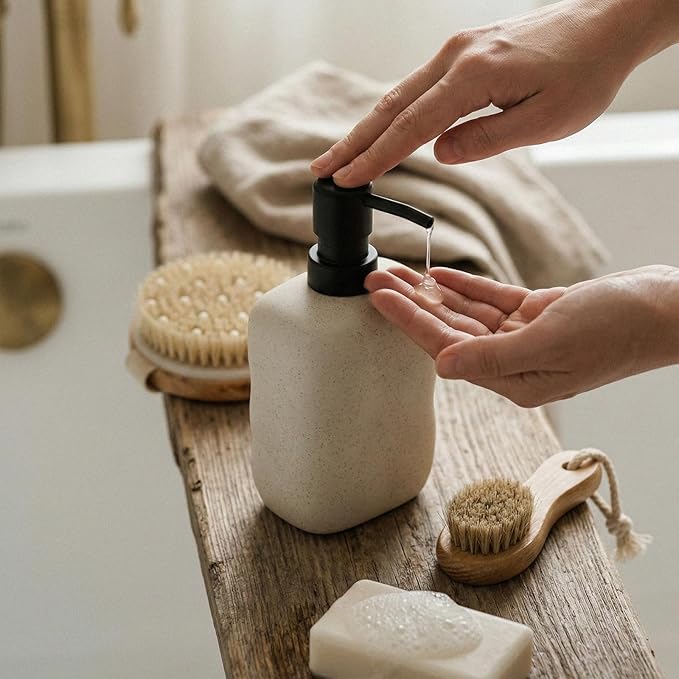 EMPO Stone-Textured Vintage Ceramic Dispenser, High-Color Rough Modern Zen Black ABS Press Bottle for Hand Soap, Shampoo, Conditioner for Bathroom and Kitchen (440 ml)