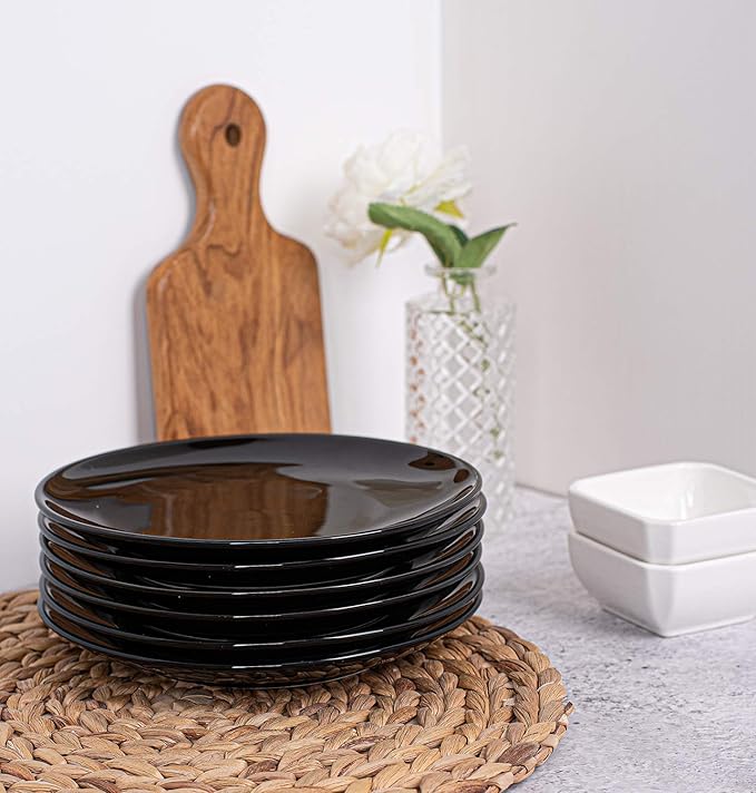 DELLING Porcelain Appetizer Plates, 7 Inch Black Dessert/Salad Plates - Small Dinner Plates for Sides, Snack, Pasta - Kitchen Ceramic Serving Dishes, Microwave and Dishwasher Safe - Set of 6