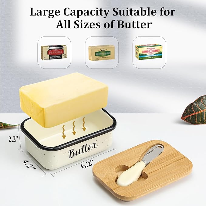 LANDNEOO Butter Dish with Lid and Butter Curler Knife, Unbreakable Metal Keeper Container Double Silicone Sealing, Speckled White, 6.2'L x 4.2' W x 2.2' H, 2 Sticks Capacity, Stainless Steel, Bamboo
