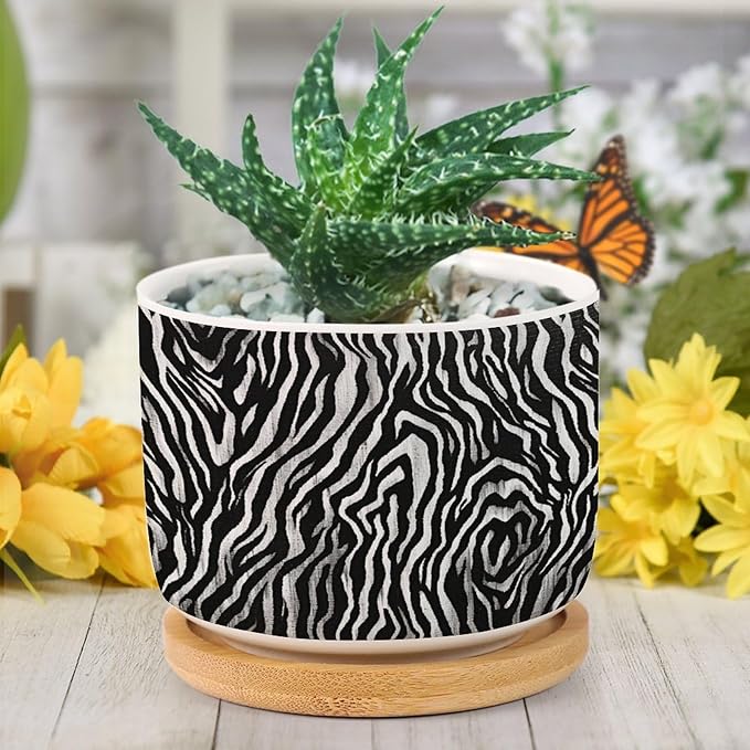 in Beige Planters Ceramic Black White Zebra Print Round Plant Pots with Drainage Holes and Bamboo Tray Pot for Pots Outdoor Indoor Plants
