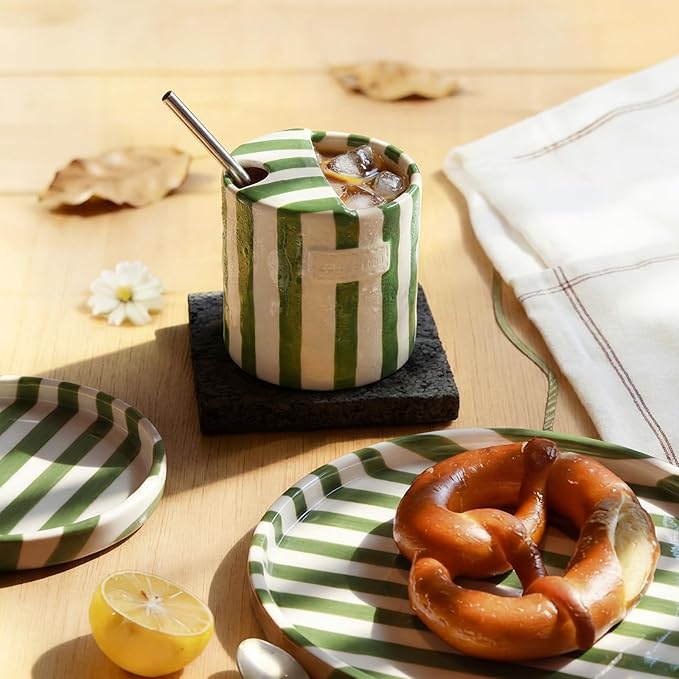 1 Pack Ceramic Coffee Mug with Sip Hole Espresso Cup 10oz with Straws Retro Hand Painted Striped Porcelain Coffee Tea Cup Cappuccino Latte Mug for Kitchen Dining Travel (Green)