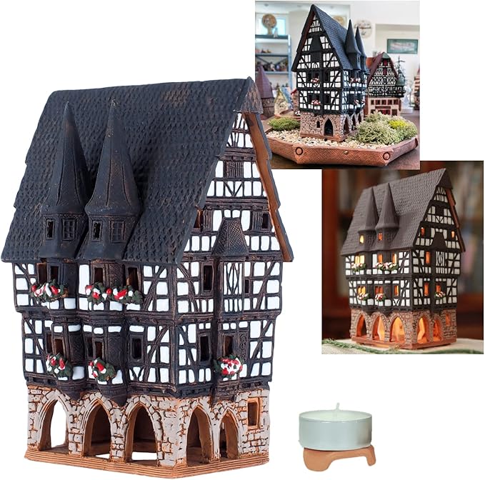 Ceramic Village Houses Collection - Collectible Handmade Miniature of Town Hall in Alsfeld Tiny House German - Tea Light Candle Holder B210N*