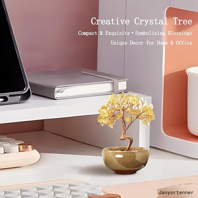Mini Citrine Crystal Money Tree,Wealth Home Office Desk Decor,Handmade Copper Wire in Crackle Ceramic Base,Feng Shui Office Gift