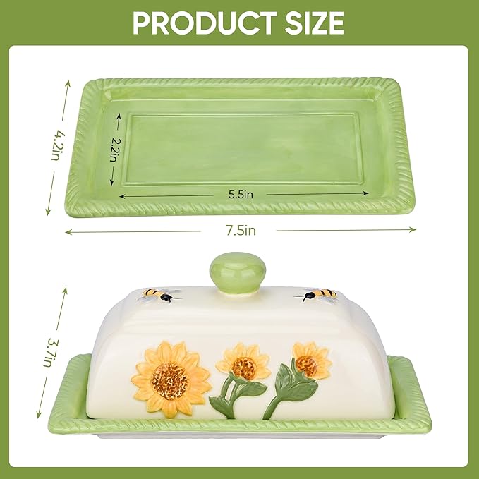 Fungi Fun Ceramic Butter Dish with Lid for Countertop – Decorative Sunflower and Mushroom Design, Unique Sunflower Kitchen Accessories, Cute Butter Dish with Cover for Countertop, Holds 2 Sticks