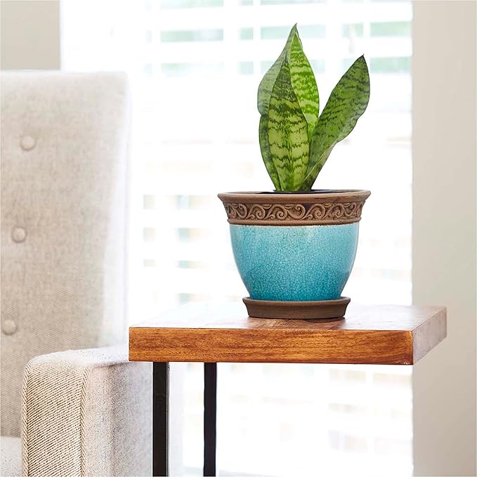 Southern Patio Cadiz 8 Inch Round Crackled Ceramic Indoor or Outdoor Garden Planter Pot with Saucer for Flowers and Plants, Teal (3 Pack)