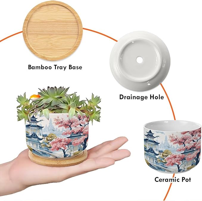 Blue Asia Tiered Tower Coral Pink Flower Ceramics Plant Pot Set of 3 Chinoiserie Garden Scenery Cactus Planter for Indoor with Drainage Chinoiserie Style Small Plant Pot Ceramic