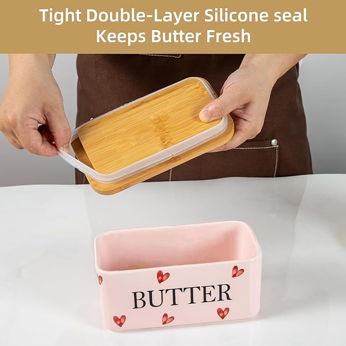 Pink Ceramic Butter Dish with Bamboo Lid and Knife, Cute Butter Holder,Large Covered Butter Container for Refrigerator, Butter Keeper with hearts design, Unique Kitchen Decor Gift(pink love)