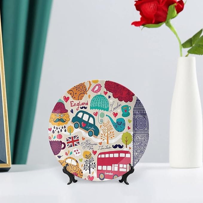 10 Inch Decorative Plate, London Decor Ceramic Craft, Colorful Local Symbols Bus Big Ben Tea Pot Cup Umbrella Hat Retro Print Ceramic Wall Hanging for Home & Office Wall Hanging Decor, Orange Blue