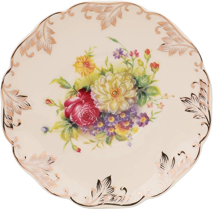 Foraineam Set of 2 Tea Cup and Saucer, 8 oz. Flowering Shrubs Ivory Ceramic Coffee Cup Fancy Floral Porcelain Tea Cup Set with Saucer and Spoon
