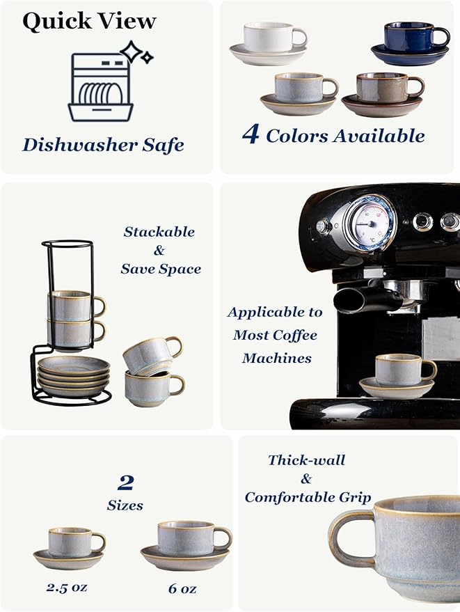 Gomakren 2.5 Ounce Espresso Cups Set of 4, Small Stackable Coffee Cups with Saucers and Metal Stand, Valentine Porcelain Demitasse Cups for Specialty Coffee Drinks, Espresso, Cappuccino, Latte, Gray
