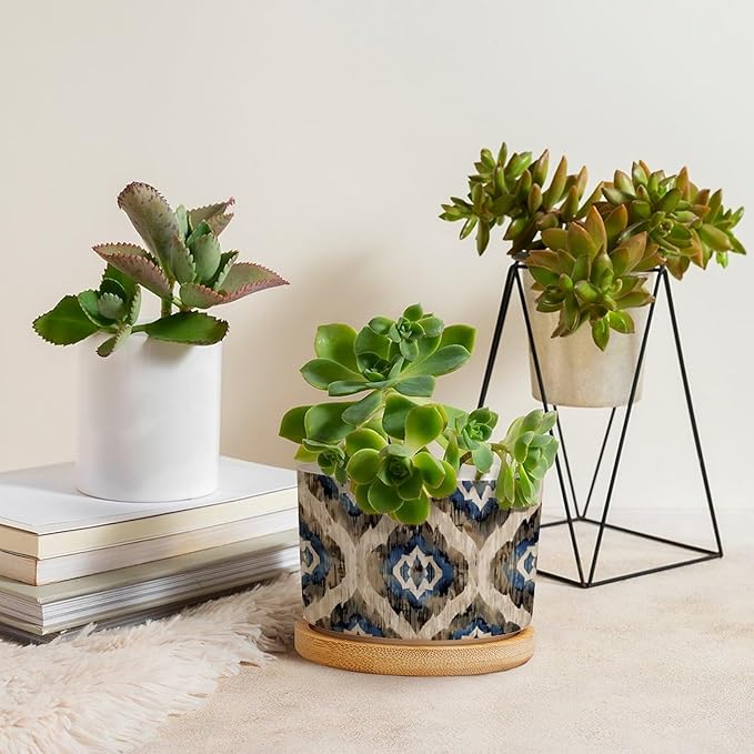 DreamAutumn Indigo Ikat Abstract Blue Ceramic Pots for Plants with Drainage Holes Round Flower Pot Bamboo Tray Orchid Pot Succulents Pots for Outdoor Indoor Plants,Housewarming Gifts