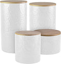 American Atelier Embossed Canister Set 4-Piece Ceramic Set Jar Container with Wooden Lids for Cookies, Candy, Coffee, Flour, Sugar, Rice, Pasta, Cereal & More White