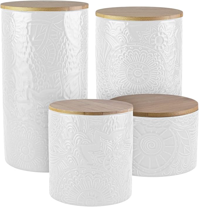 American Atelier Embossed Canister Set 4-Piece Ceramic Set Jar Container with Wooden Lids for Cookies, Candy, Coffee, Flour, Sugar, Rice, Pasta, Cereal & More White